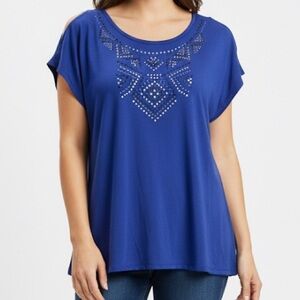 APT 9 Blue Cold‎ Shoulder relaxed Top tee Geometric Embellishment - Size Medium
